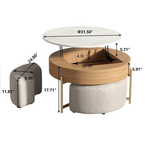 Lifting-top Round Modern Coffee Table with 3 Nesting Stool， Carbon Steel Legs