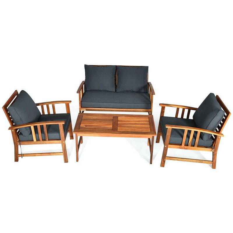 4 Pieces Wooden Patio Furniture Set Table Sofa Chair Cushioned Garden