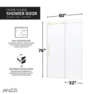 ANZZI Leon 60 in. x 76 in. Frameless Sliding Shower Door in Brushed Gold with Handle SD-AZ8077-02BG