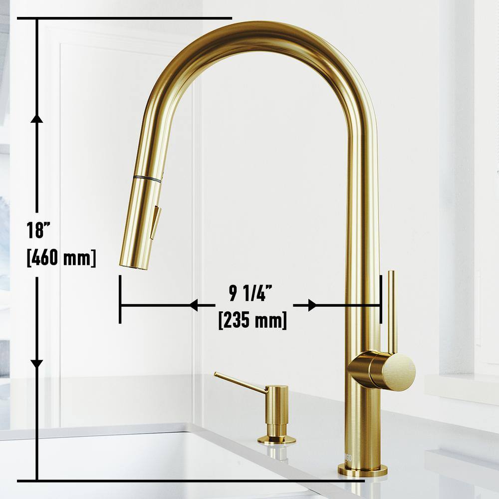 VIGO Greenwich Single Handle Pull-Down Sprayer Kitchen Faucet Set with Soap Dispenser in Matte Brushed Gold VG02029MGK5