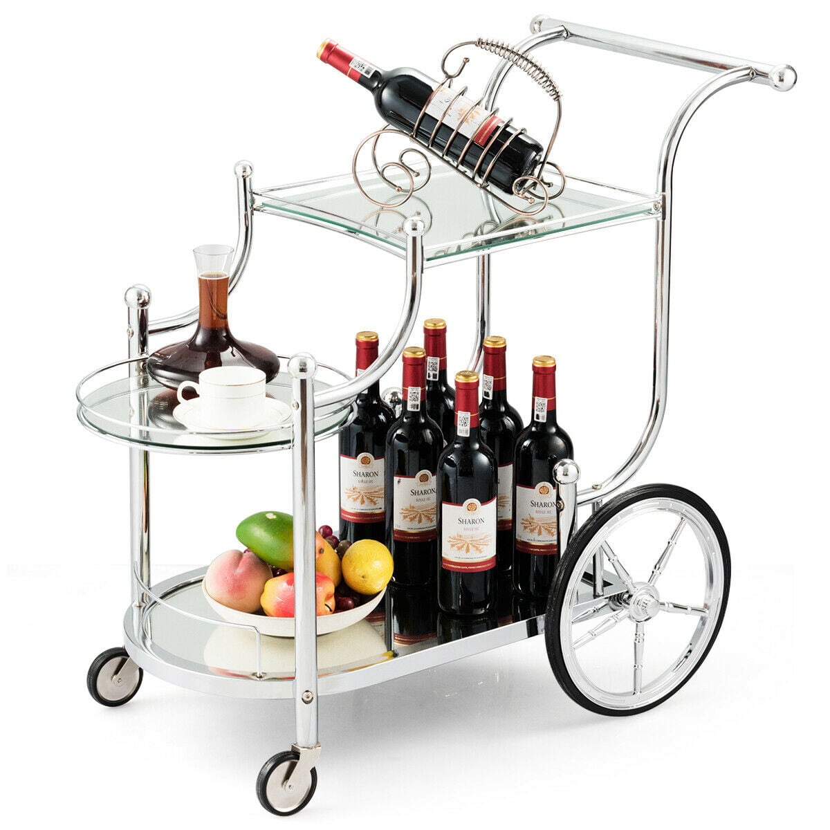 Gymax Serving Cart Kitchen Bar Wine Tea Cart Glass Shelves and Metal Frame with Wheels