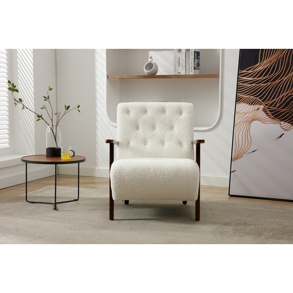 Wood Frame Living Room Accent Chair Modern Armchair Lounge Chair Sofa Removable Cushion Seat Arm Chairs， White Teddy