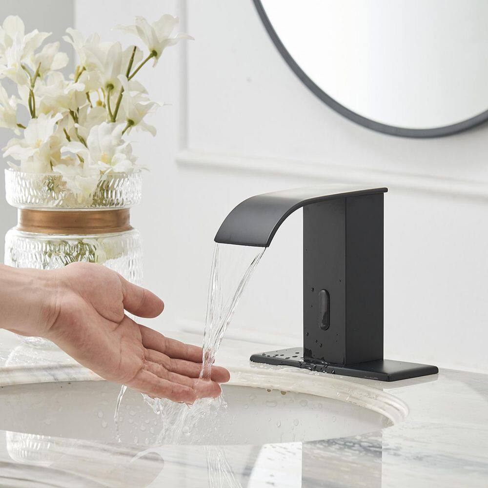 BWE Waterfall Automatic Sensor Touchless Bathroom Sink Faucet With Pop Up Drain With Overflow  Deck Plate In Matte Black A-918139-B