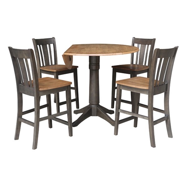 42 in. Round Dual Drop Leaf Counter Height Dining Table with 4 Splatback Stools in Hickory/Washed Coal - 5 Piece Set