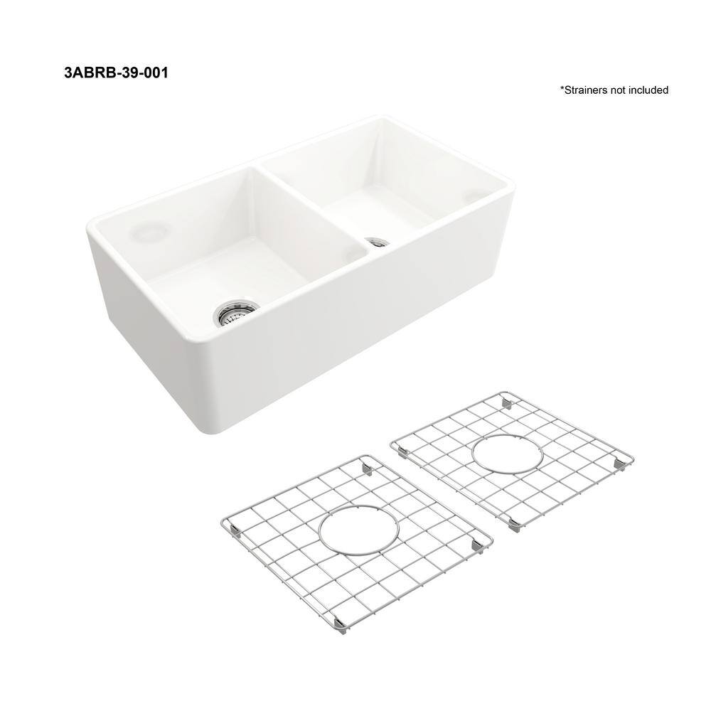 Glacier Bay Farmhouse Apron-Front Fireclay 33 in. Double Bowl Kitchen Sink in White with Bottom Grid 3ABRB-39-001