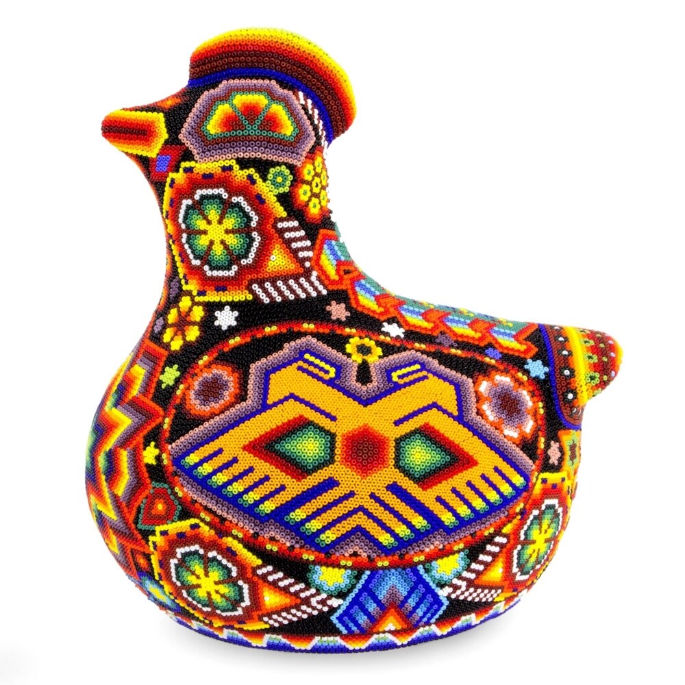 Handmade Happy Huichol Hen Beadwork Figurine (Mexico)