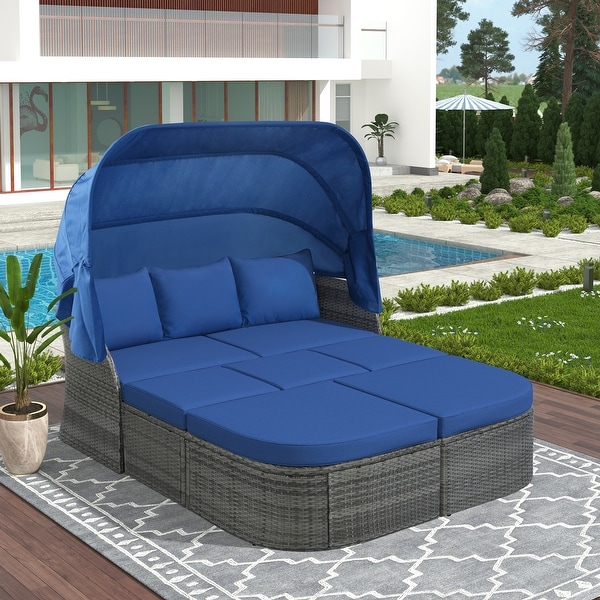 6Piece Outdoor Daybed Set with Retractable Canopy and Conversation Area