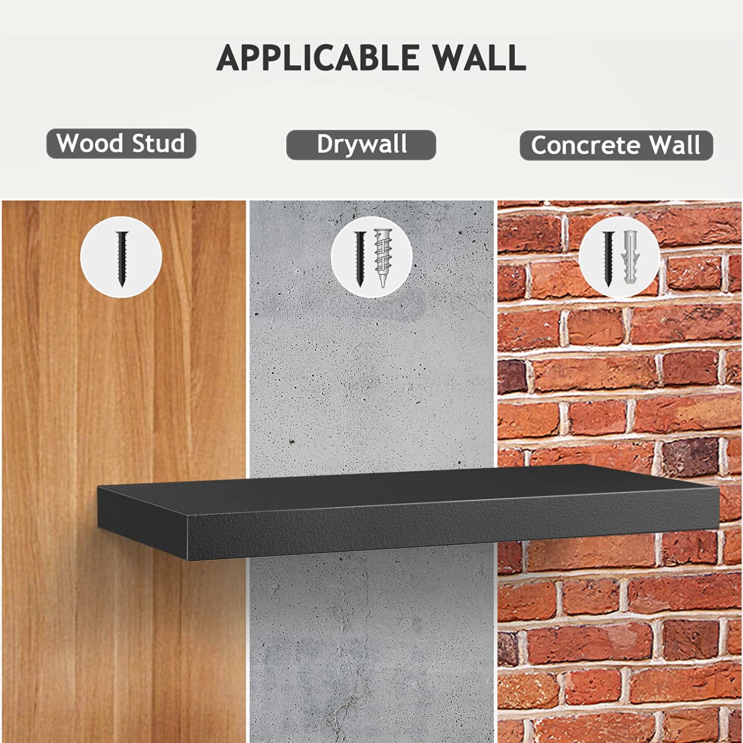 Black Sets of 3 Wall Shelves with Invisible Metal Brackets , for Bedroom, Bathroom, Living Room, and Kitchen