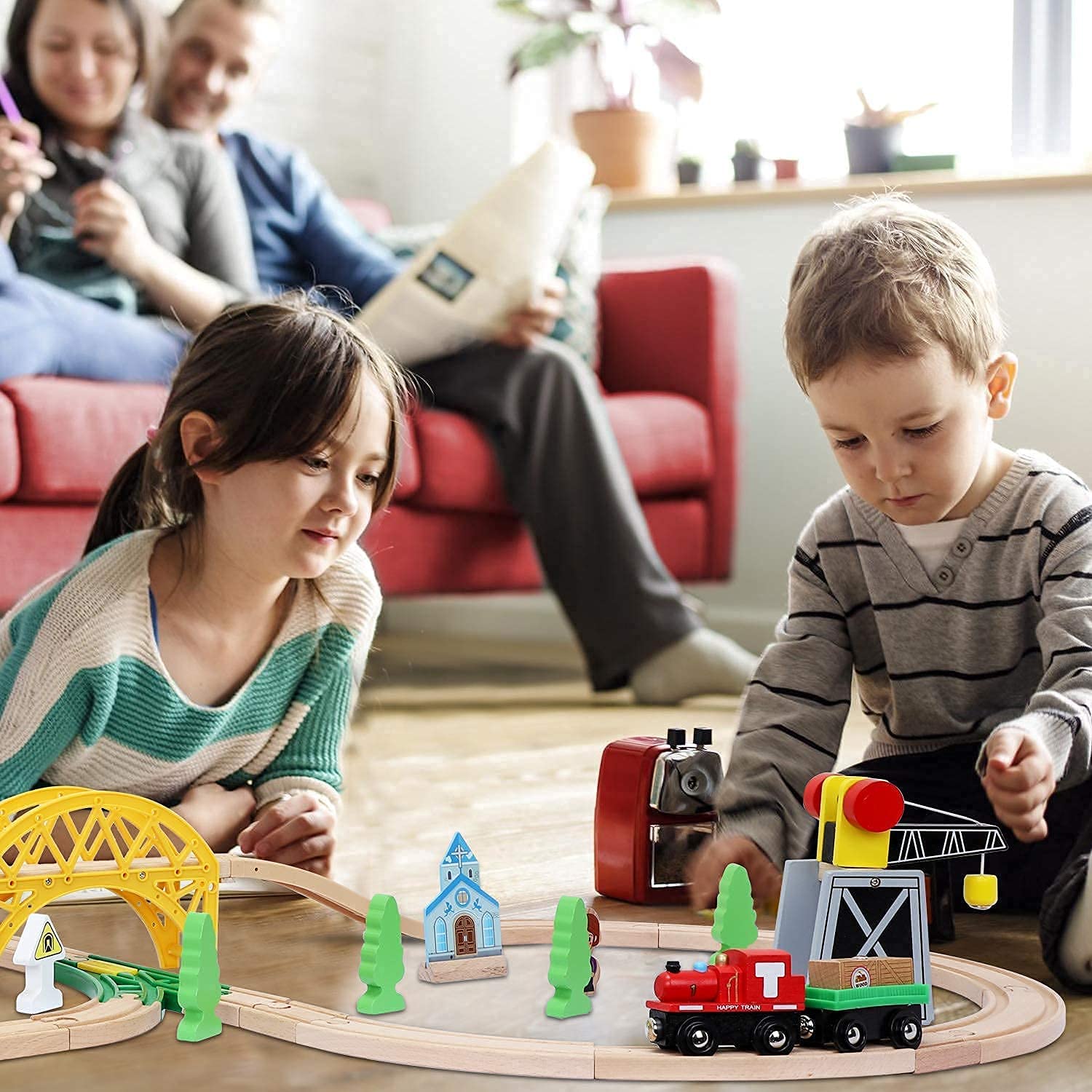 TOY Life Wooden Train Set 60pcs Toddler Boy Toys for 3 Year Old Boys - Wood Train Set with Crane Wood Train Tracks Toys Fits Thomas Brio Melisa Chugginton Train Track Set Wooden Railway Gifts for Boys