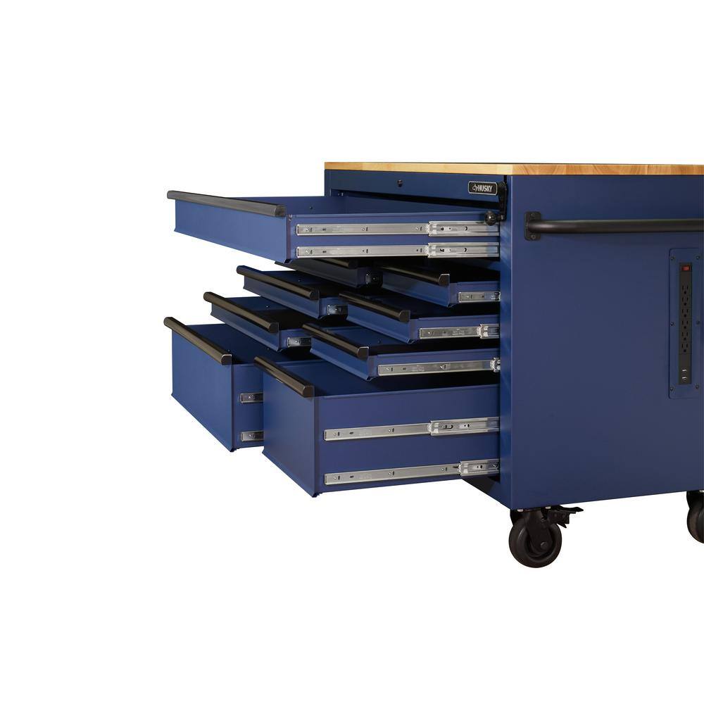 Husky 52 in. W x 25 in. D Heavy Duty 9-Drawer Mobile Workbench Tool Chest with Adjustable-Height Solid Wood Top in Matte Blue HOLC5209BL1M