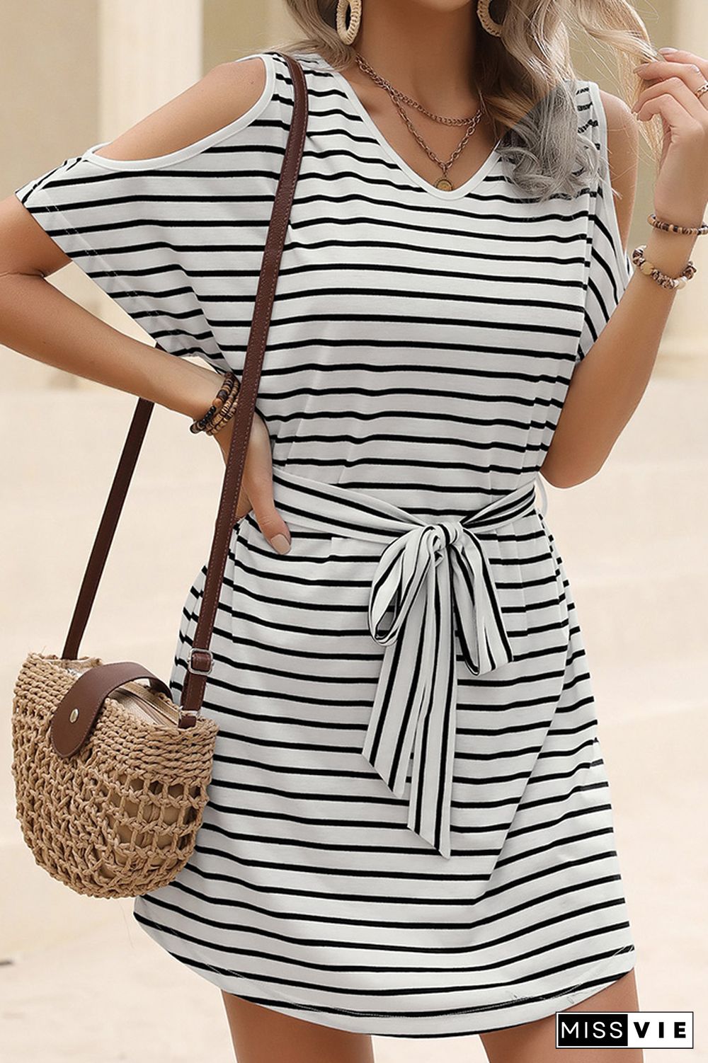 Cold Shoulder Striped T-Shirt Dress With Sash