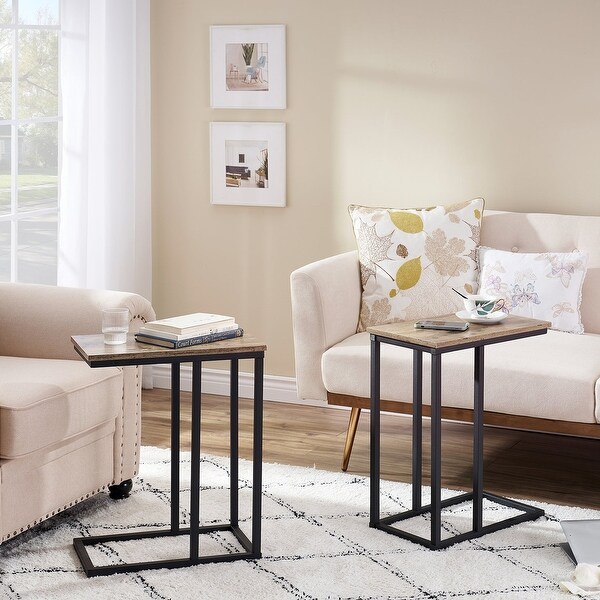 Modern Snack Table C-shaped Side End Table Set of 2，Brown/Black/Grey Sofa Table