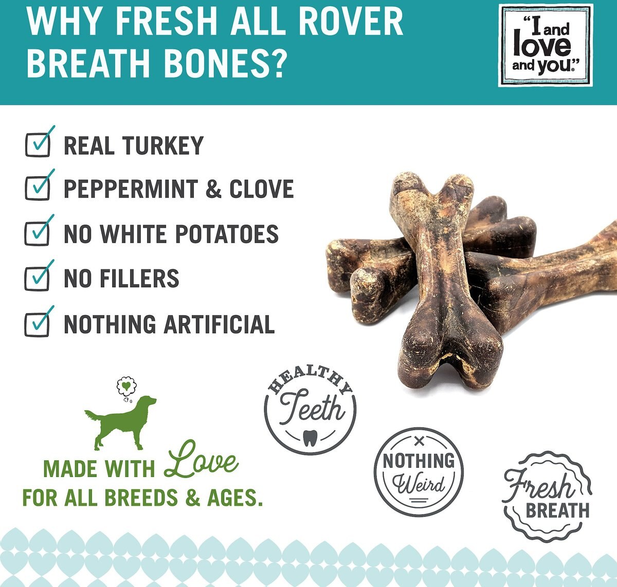 I and Love and You Fresh All Rover Breath Bones Grain-Free Dental Dog Treats， Regular