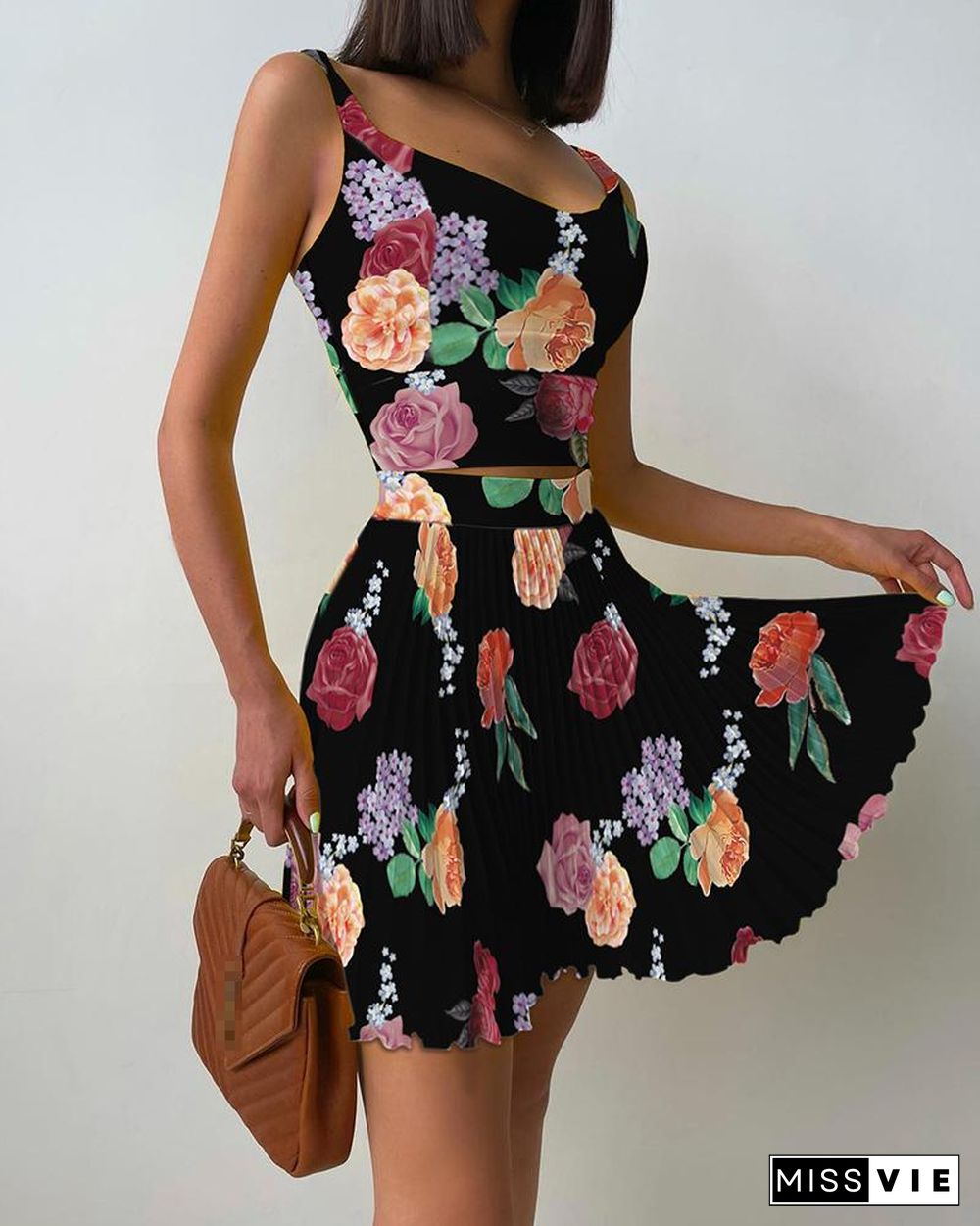 Floral Print Tank Top & Pleated Skirt Set