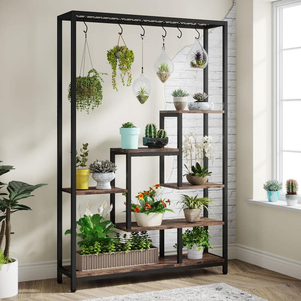 BYBLIGHT Wellston 70.86 in. Brown 5-Tier Wooden Indoor Plant Stand， Tall Flower Rack with 10-Hook BB-JW0254GX