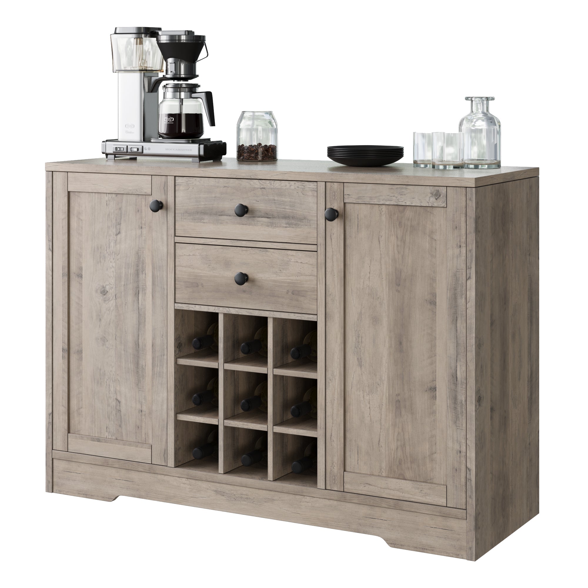 Coffee Bar Cabinet Kitchen 43-inch Buffet Cabinet with Storage, Drawers, Adjustable Shelves, and Wine Rack