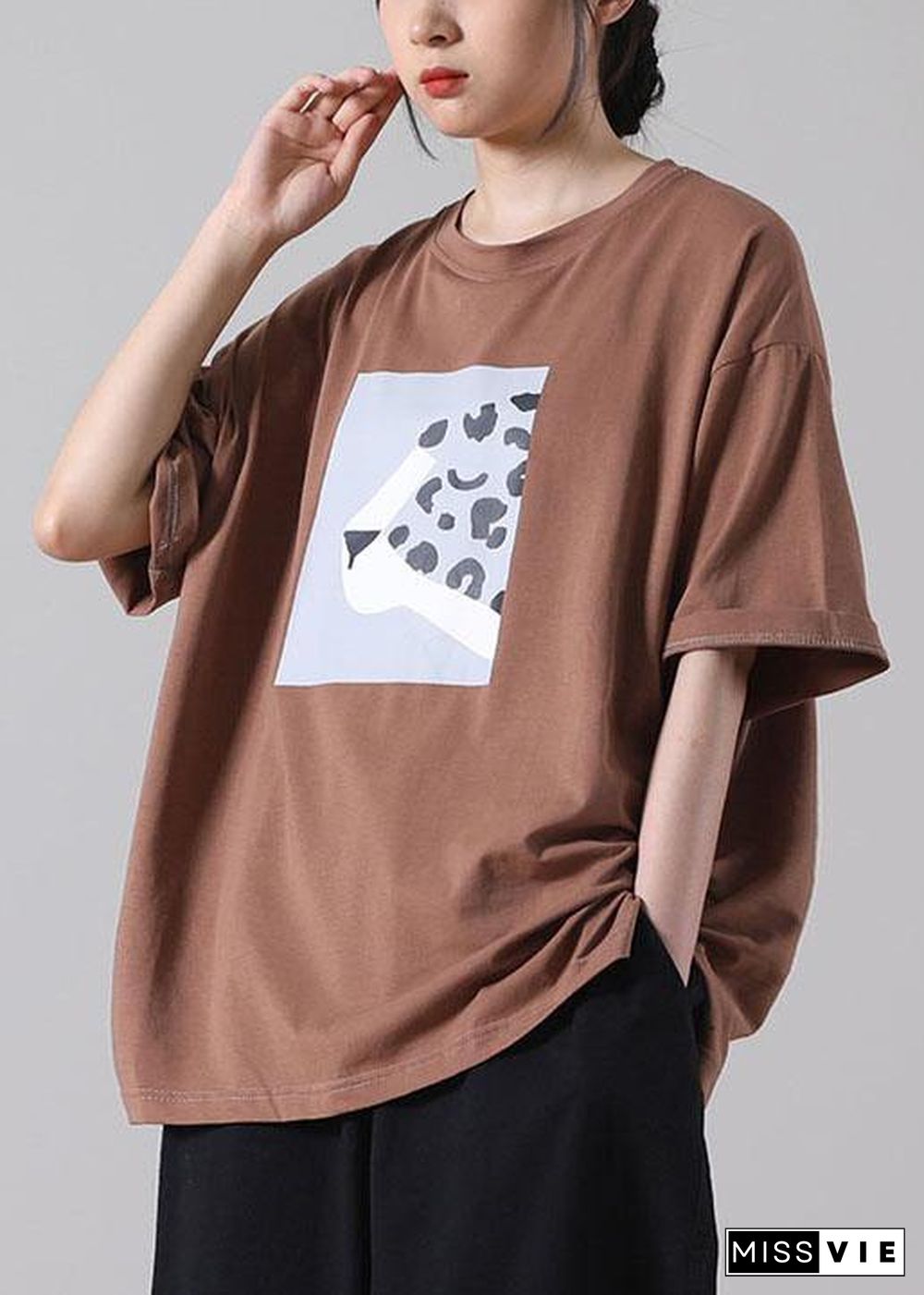 Plus Size Chocolate Print Cotton Short Sleeve Summer Shirt Tops