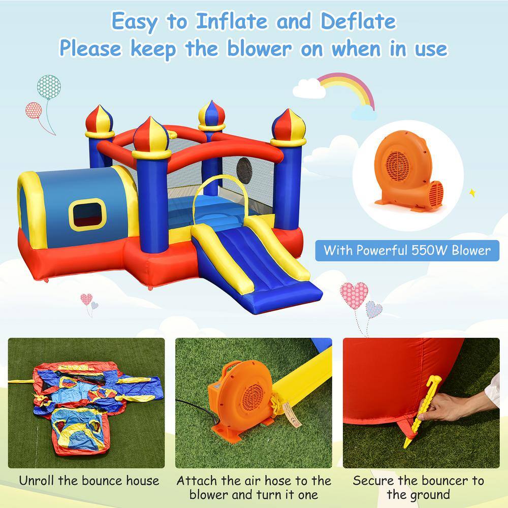 Costway Inflatable Castle Kids Bounce House with Slide Jumping Playhouse and 550-Watt Blower NP10442+ES10150US