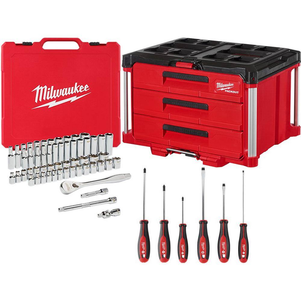 MW 38 in. Drive SAEMetric Mechanics Tool Set (62-Piece) with PACKOUT 3-Drawer Tool Box 48-22-9008-48-22-2706-48-22-8443