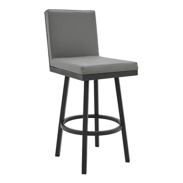 Kim 30 Inch Modern Vegan Leather Bar Stool， Swivel， Metal， Gray， Black