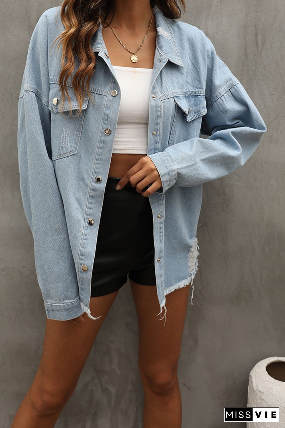 Blank Buttons Front Denim Jacket Women Wholesale