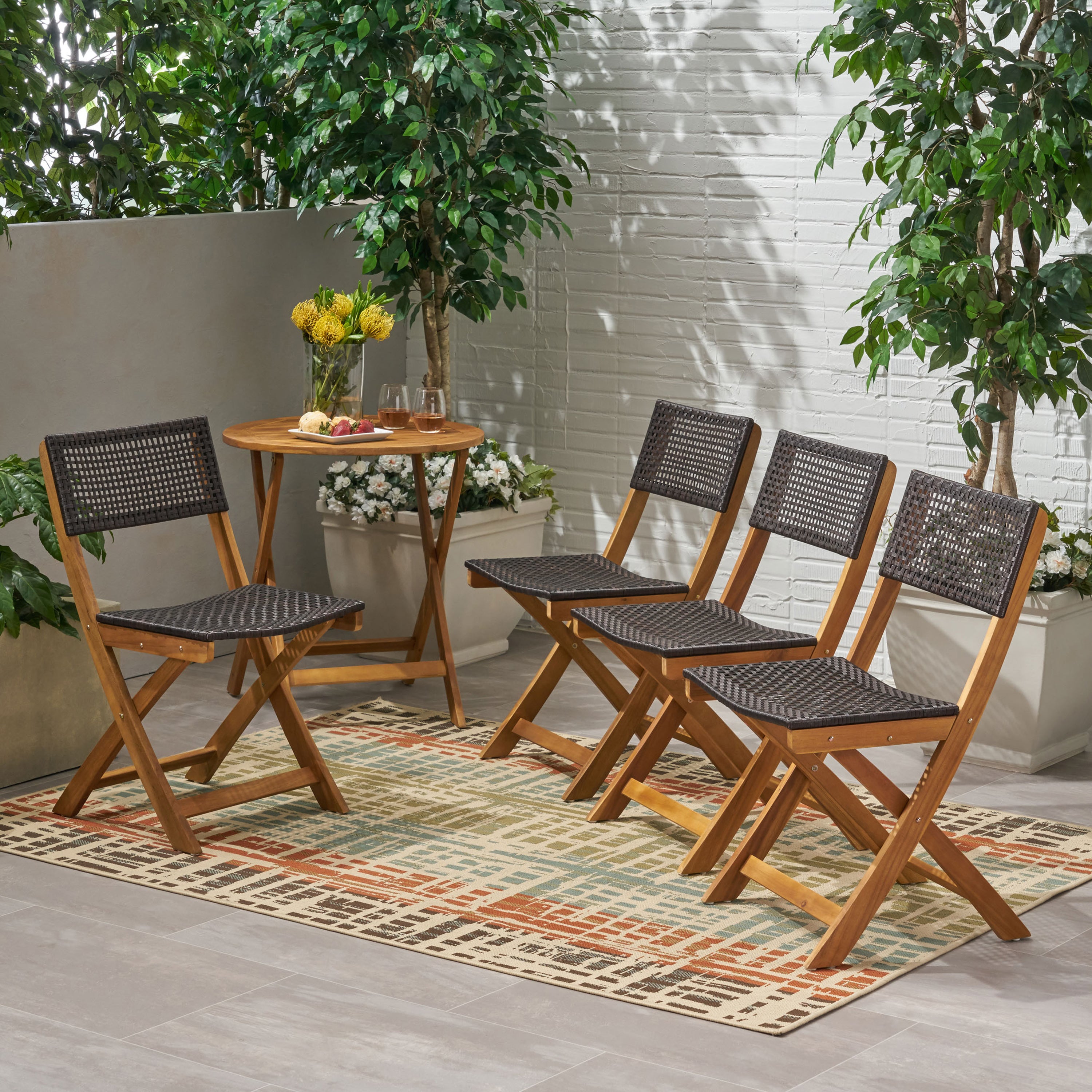 Truda Outdoor Acacia Wood Foldable Bistro Chairs with Wicker Seating (Set of 4)