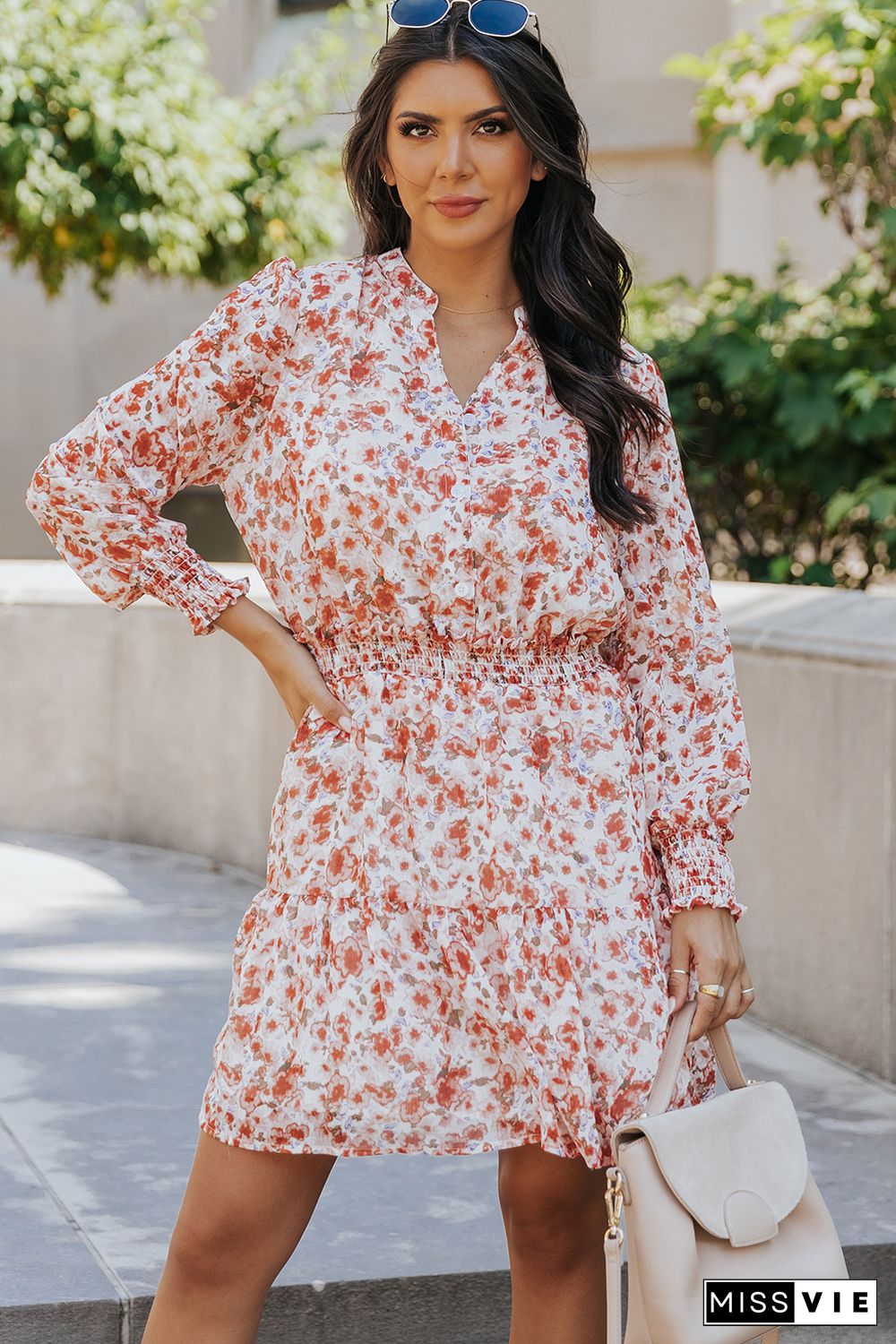 Red Shirred High Waist Floral Mini Dress