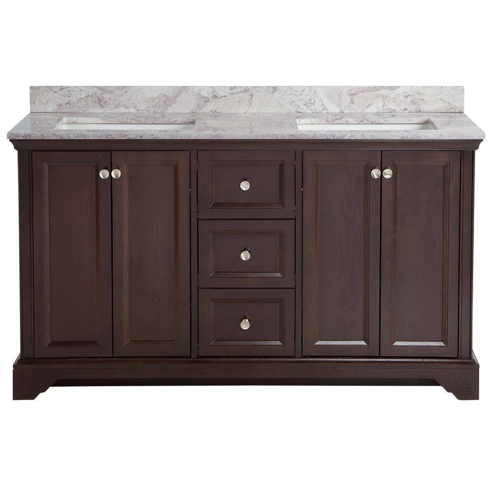 Home Decorators Collection Stratfield 61 in. W x 22 in. D Bath Vanity in Chocolate with Stone Effect Vanity Top in Winter Mist with White Sink SF60P2V18-CH