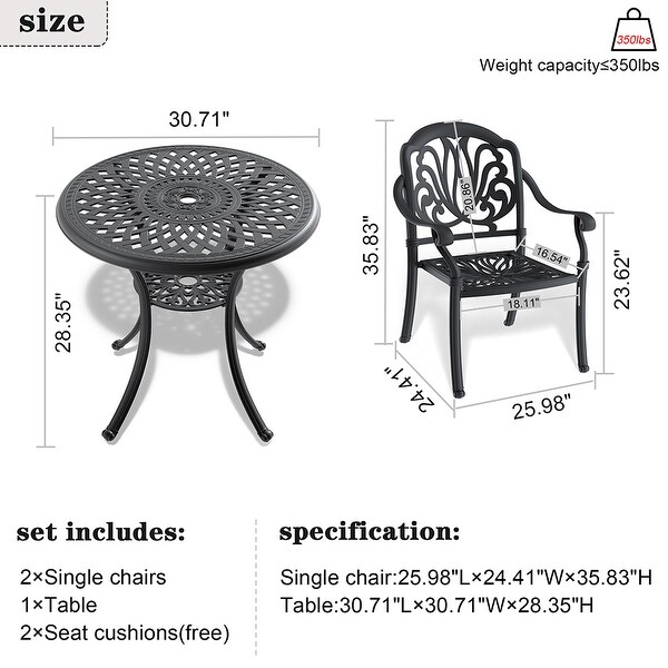 3pcs Cast Aluminum Patio Furniture Set Outdoor Bistro Set w/Cushions and Umbrella Hole - Overstock - 38000803