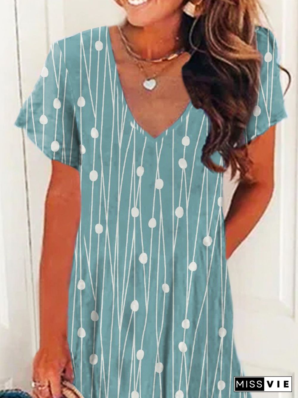 Polka Dots Short Sleeve V Neck Plus Size Casual Dresses