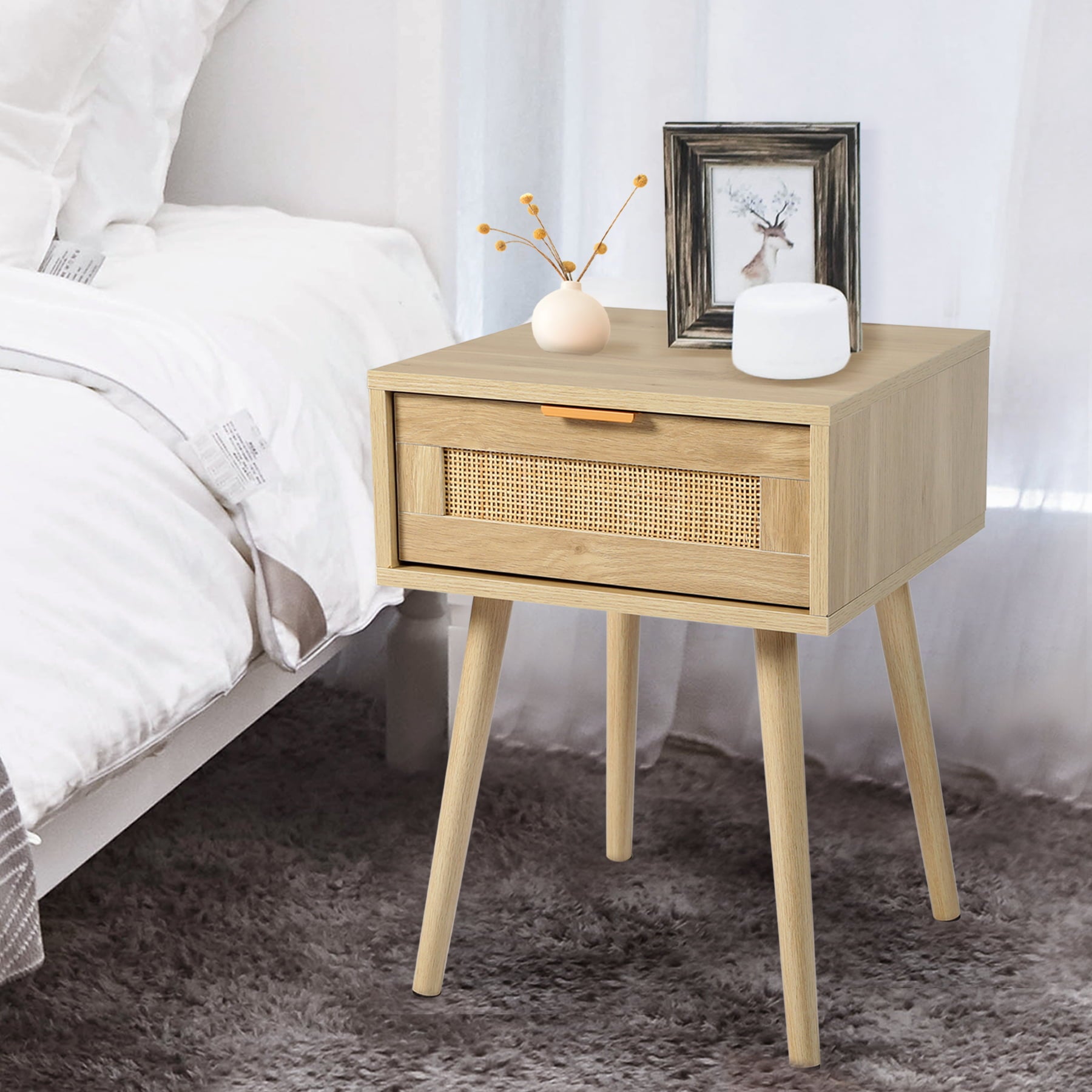 LAZZO Nightstand with Drawer Mid Century Modern Bedside Table Rattan Drawer End Table with Storage Wooden Accent Sofa Side Table for Bedroom Living Room Natural Oak