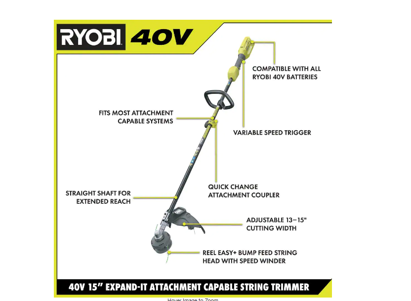 RYOBI RY40250 40V Expand-It Cordless Battery Attachment Capable String Trimmer with 4.0 Ah Battery and Charger