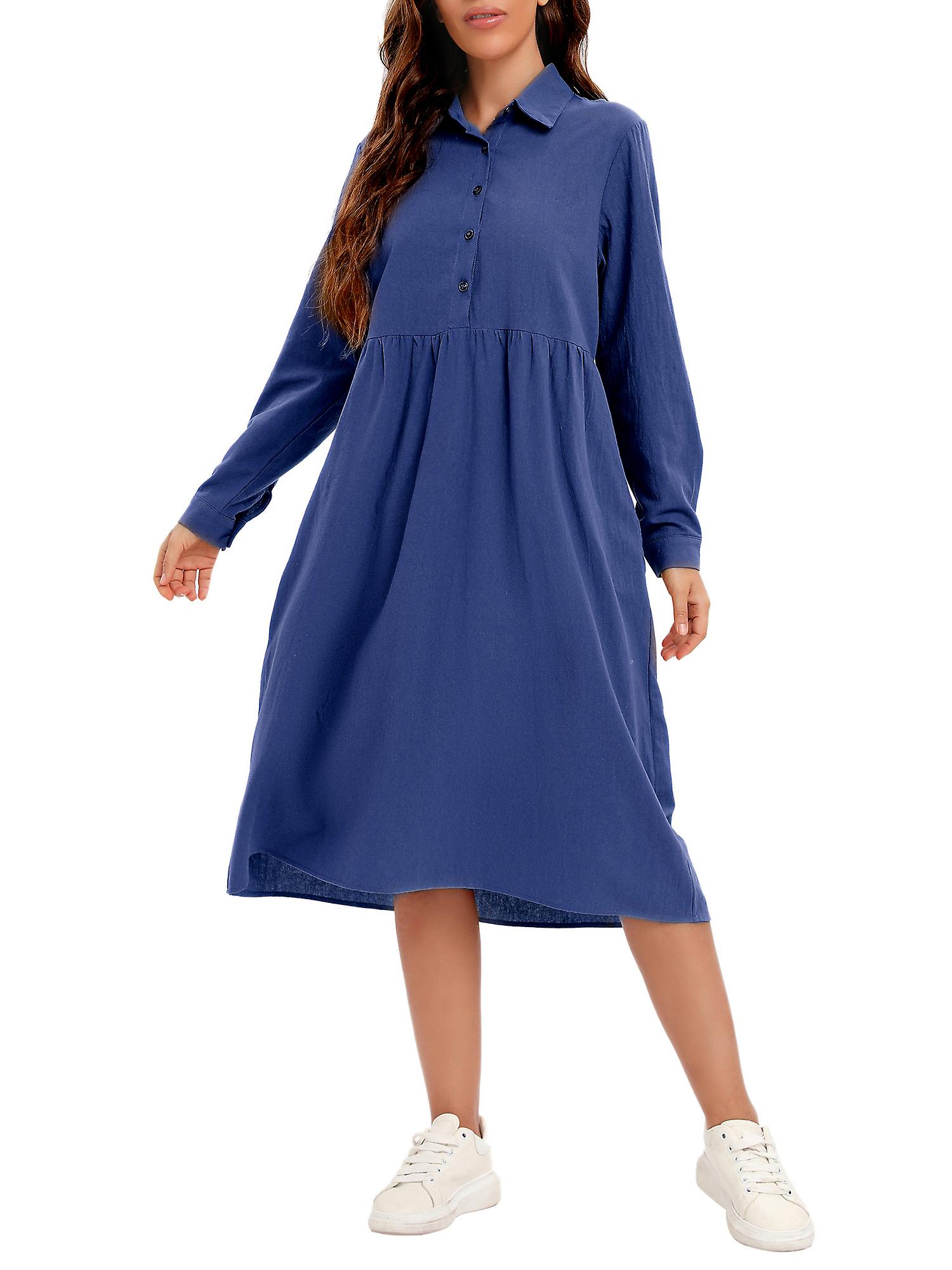 Women Loose Dress With Pockets Long Sleeves Plus Size Vintage Dress Dark Blue 5x-large