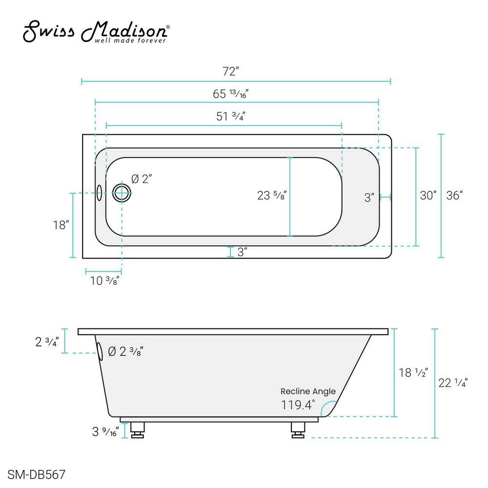 Swiss Madison Voltaire 72 in. x 36 in. Acrylic Reversible Drain Rectangular Drop-In Bathtub in White SM-DB567