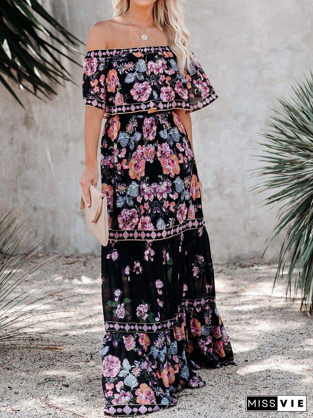 Bohemian One-Shoulder Print Long Swing Dress