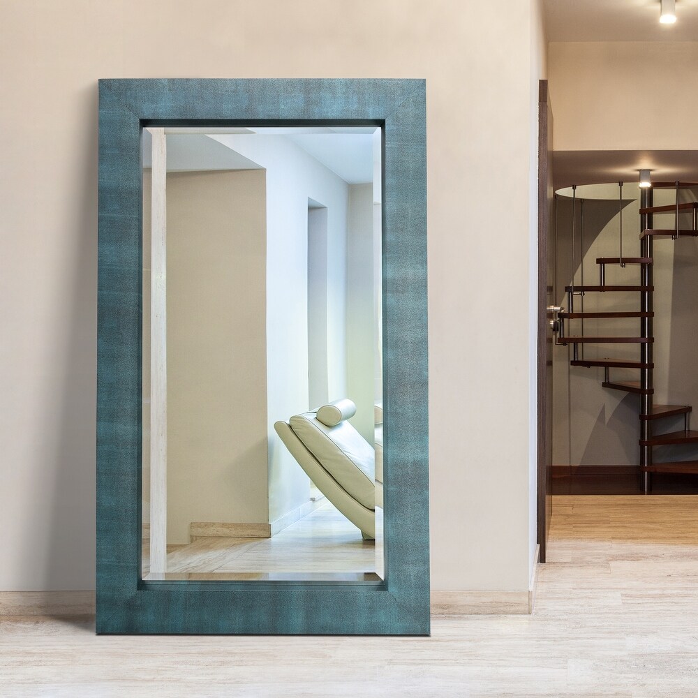 Black on Blue Metallic Shagreen Leather Framed Beveled Mirror   80\