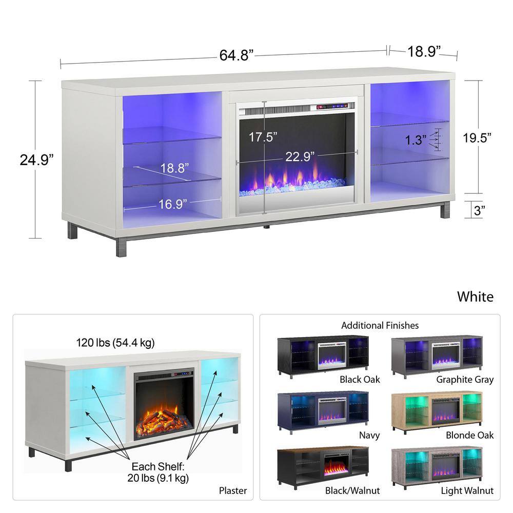 Ameriwood Home Cleavland 64.75 in. Freestanding Electric Fireplace TV Stand in White Plaster HD26751