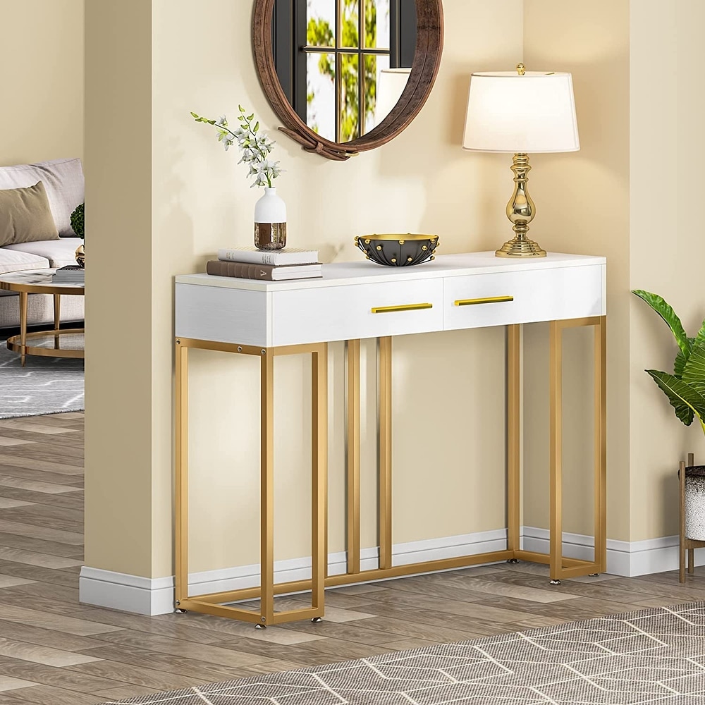 2 Drawer Console Table  White and Gold Sofa Table for Living Room   13.78\