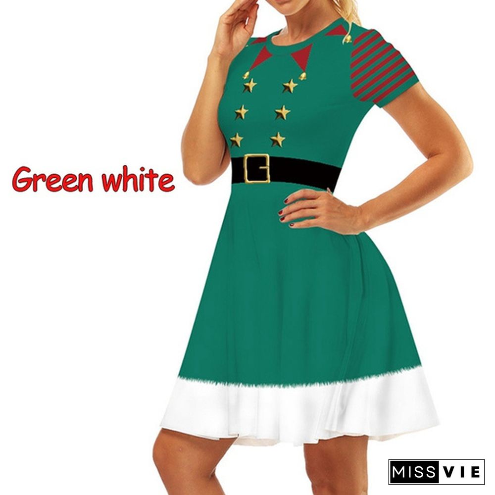 Fashion Christmas Elf Digital Print Women's Short Sleeve Slim Dress