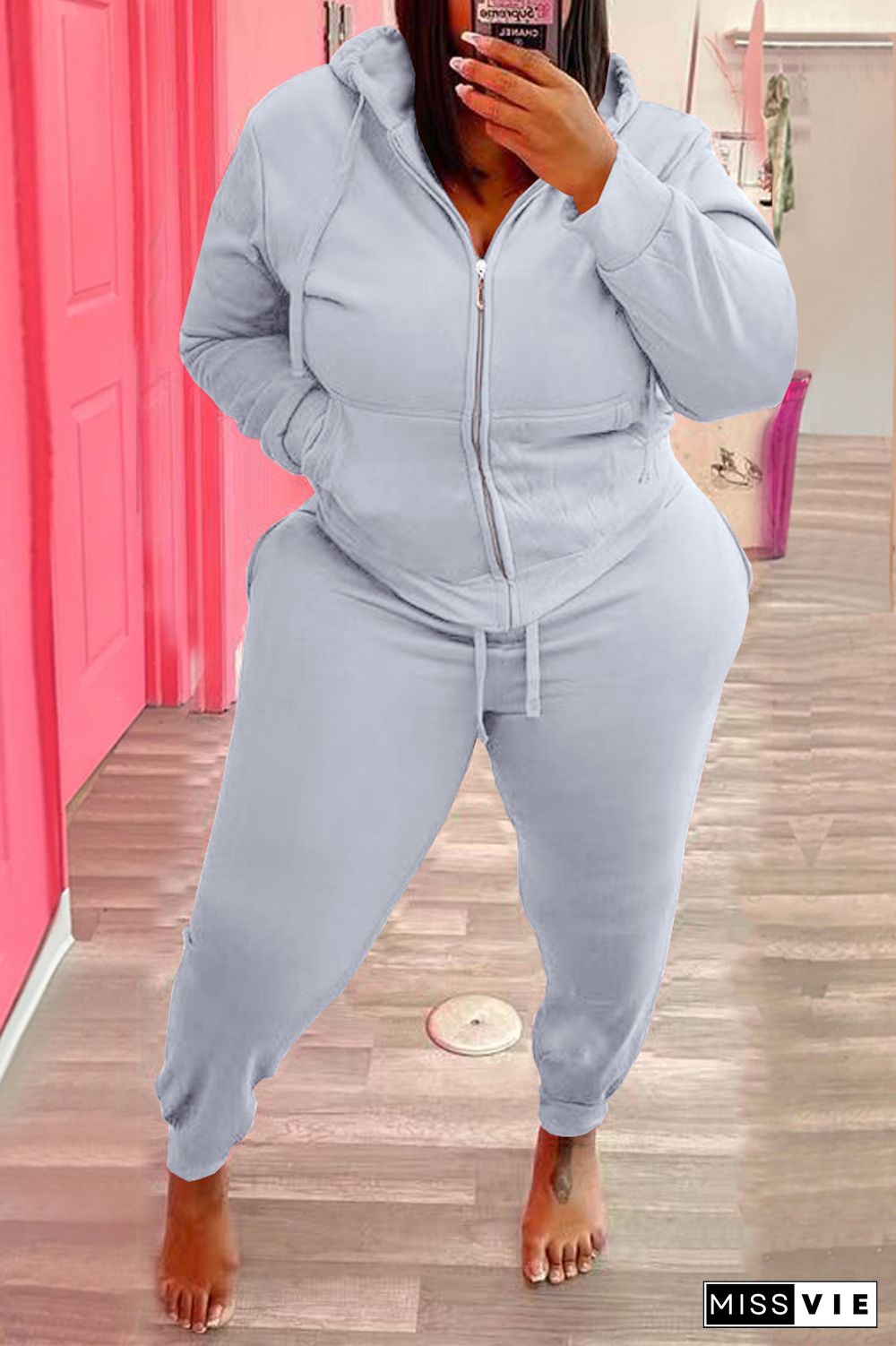 Plus Size Hooded Zipper Coats Skinny Pants Tracksuits