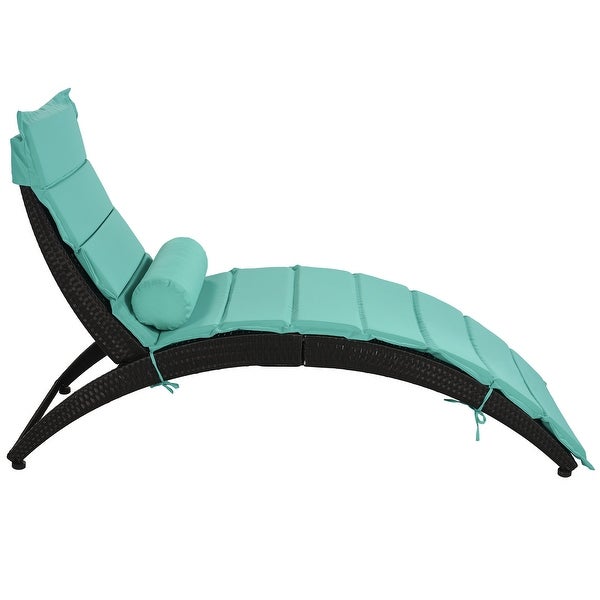 Wicker Sun Lounger Foldable Chaise Lounger with Cushion Bolster Pillow - 65