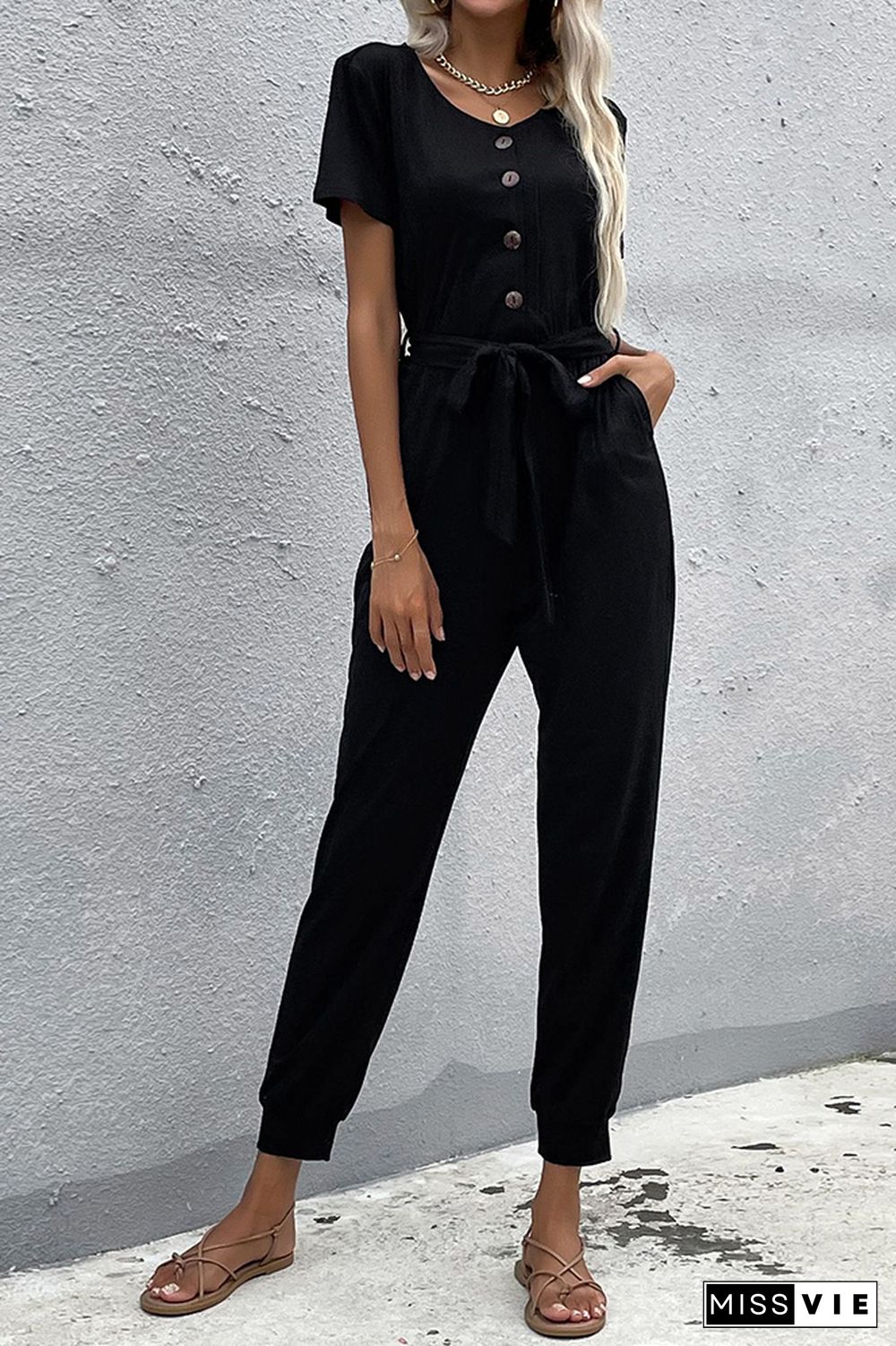 Black Short Sleeve Jumpsuit With Belt Wholesale