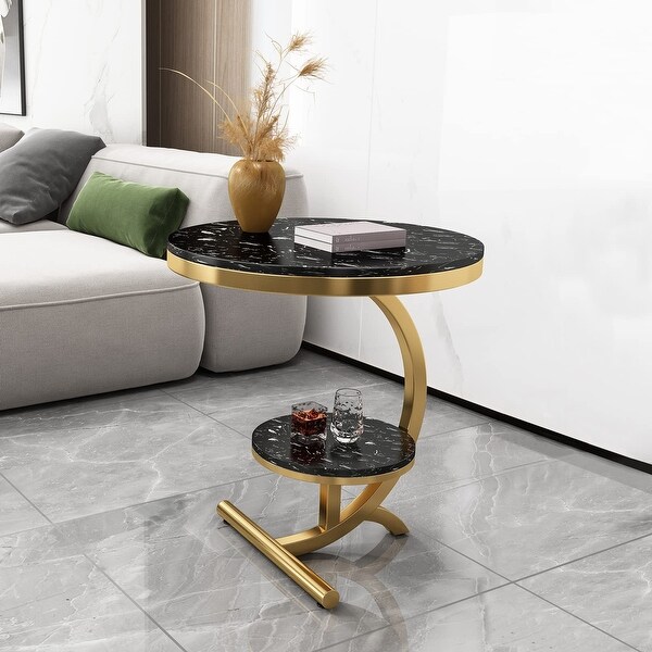 Luxury Marble End Table Decor and More Round Coffee Table with Storage Shelf for Home and Living Room - as picture