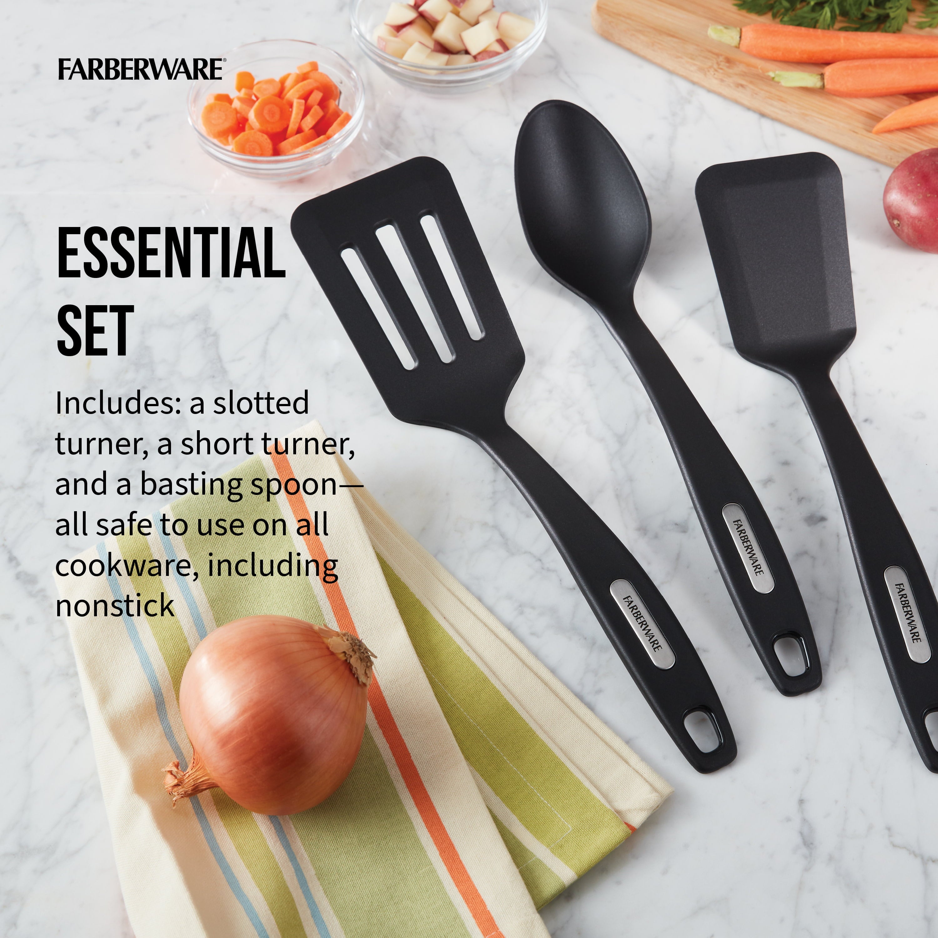 Farberware Set of 3 Nylon Tools, Slotted Turner, Short Turner, Basting Spoon