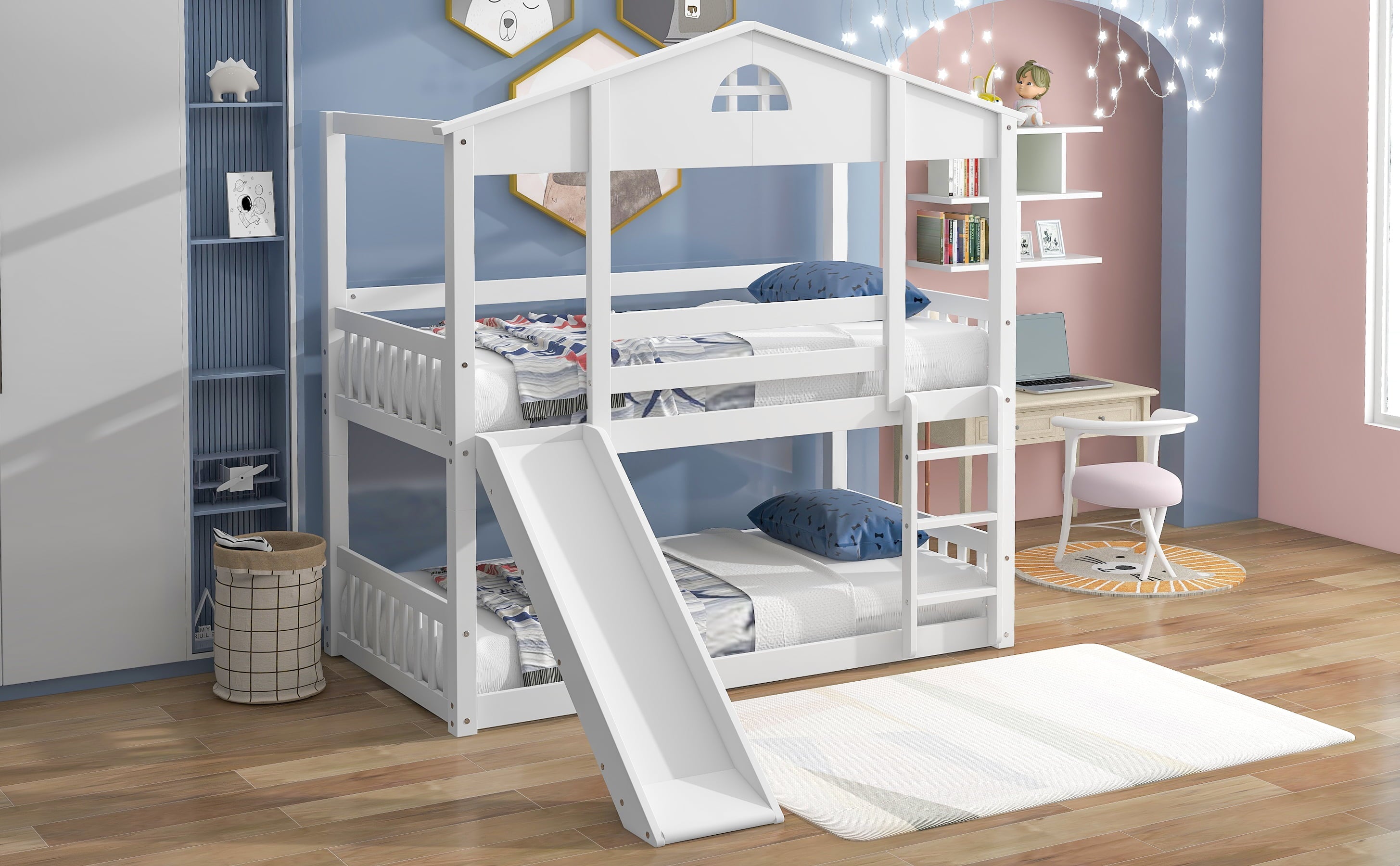 Twin House Bunk Bed with Convertible Slide and Ladder for Kids Room, White