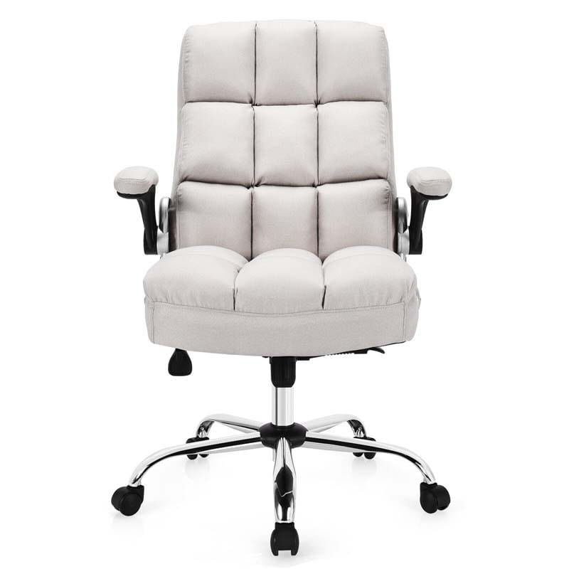 Linen Fabric Thick Padding Big & Tall Executive Office Chair with Flip-up Armrest, Swivel High Back Computer Desk Chair