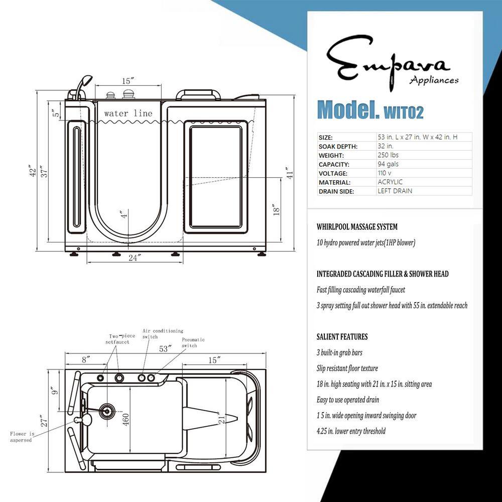 Empava 52.5 in. Walk-In Whirlpool Bathtub in White with Left Side Door EMA-WIT02