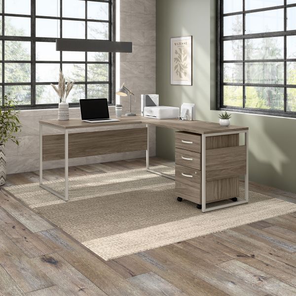 Bush Business Furniture Hybrid 60W x 30D L Shaped Table Desk with Mobile File Cabinet in Modern Hickory