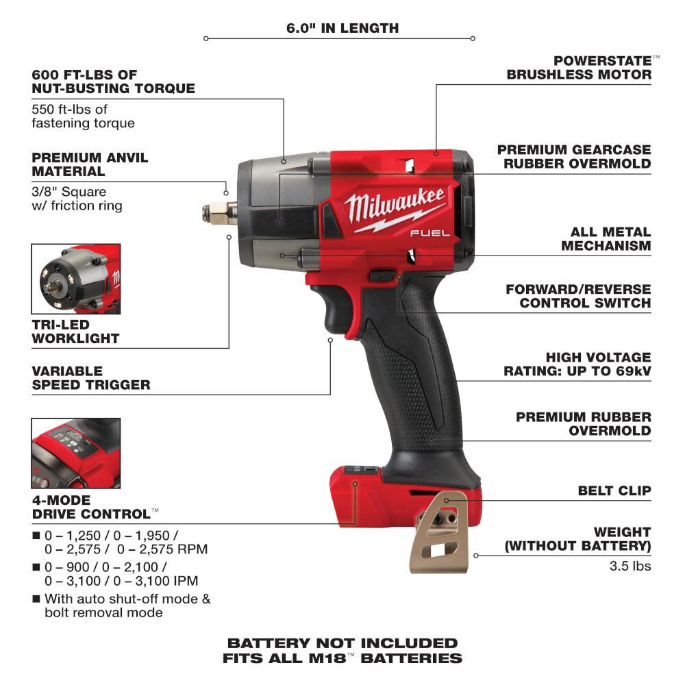 MW M18 FUEL 3/8 Mid-Torque Impact Wrench with Friction Ring 2960-20 from MW