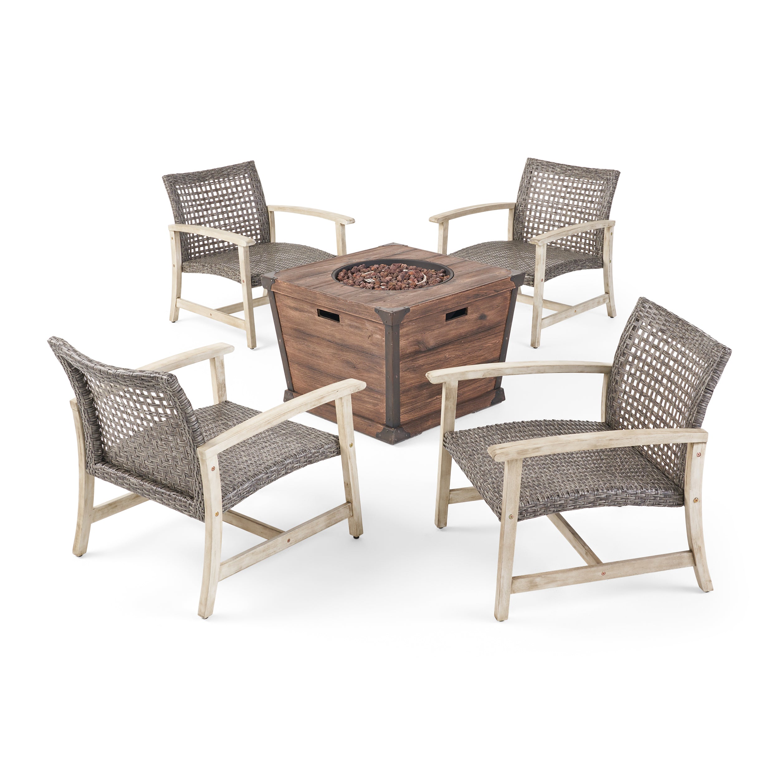 Levant Outdoor 4 Piece Wood and Wicker Club Chair Set with Fire Pit